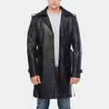 Silent Night Black Leather Jacket - 3/4 Length Car Coat with Waist Belt - Front View