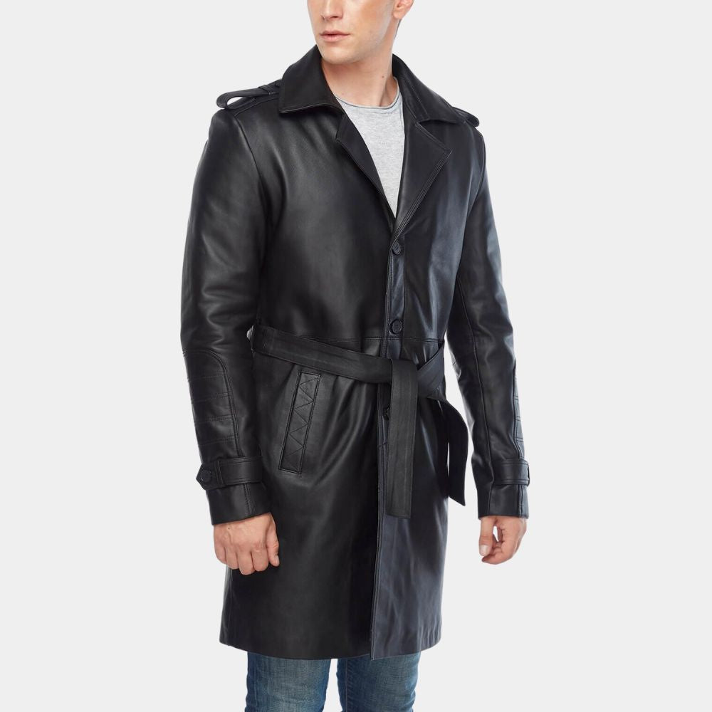 Silent Night Black Leather Jacket - 3/4 Length Car Coat with Waist Belt - Side Posture View