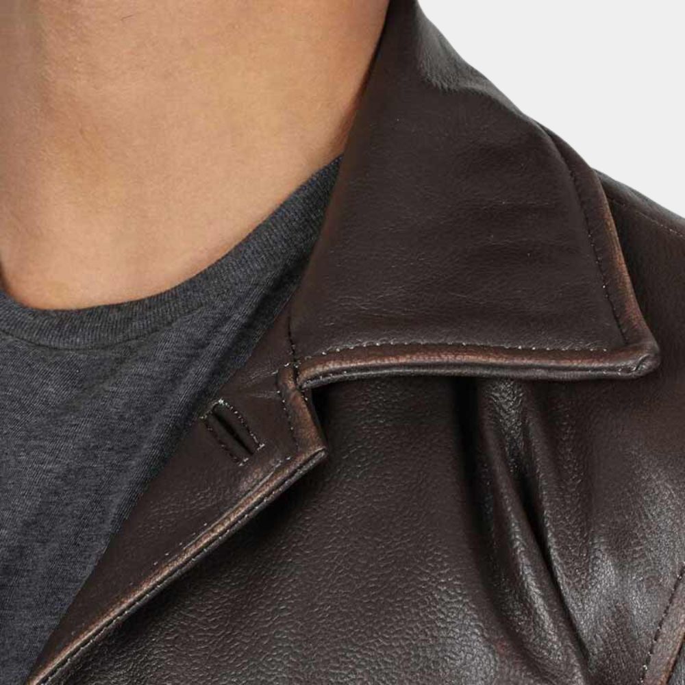 Simulant Sam Worthington Rust Brown Jacket - Collar Close - Up View