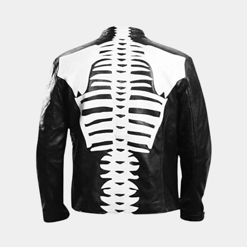 Skeleton Bones Mens Black Leather Biker Jacket - Mannequin Back View