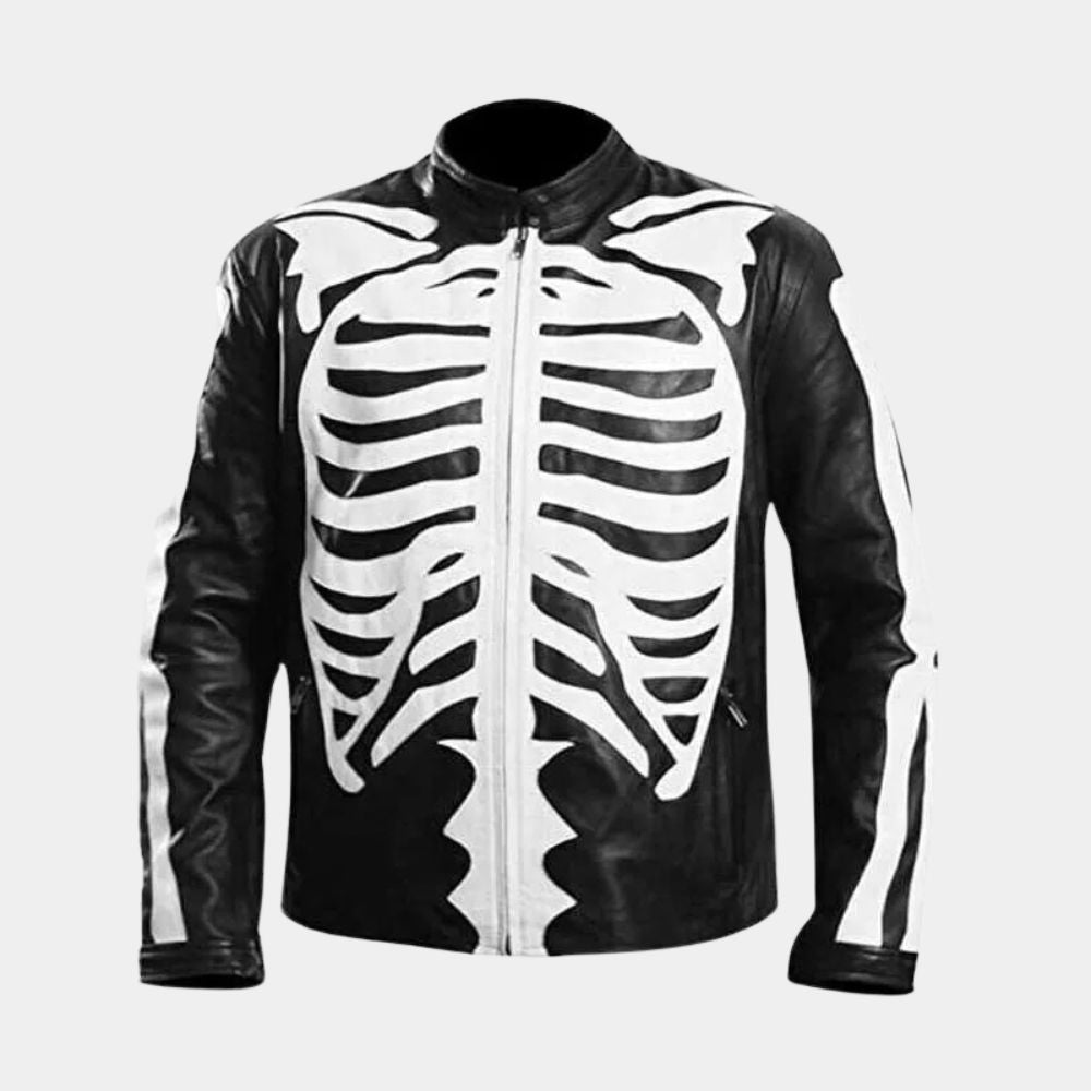 Skeleton Bones Mens Black Leather Biker Jacket - Mannequin Front View