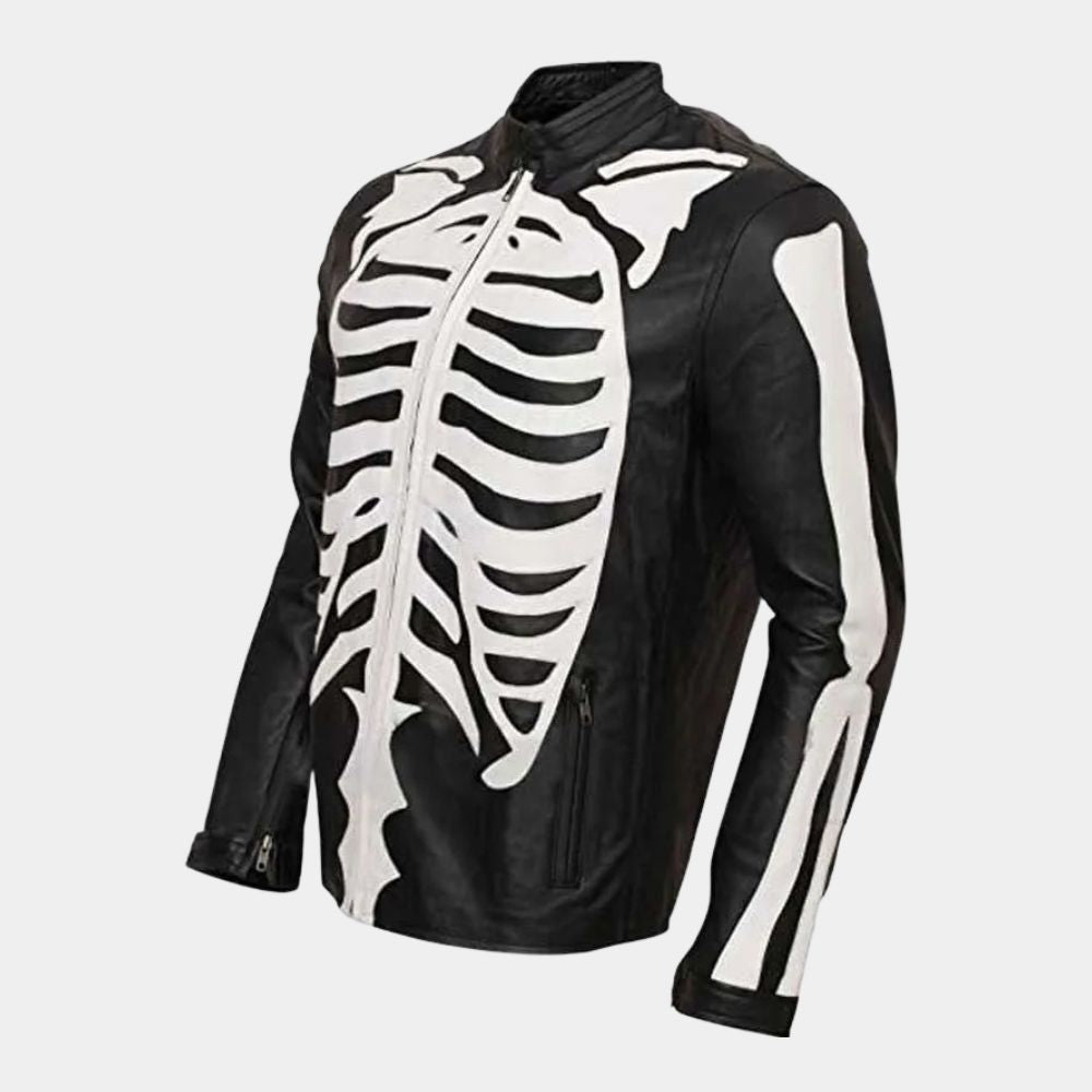 Skeleton Bones Mens Black Leather Biker Jacket - Mannequin Side View
