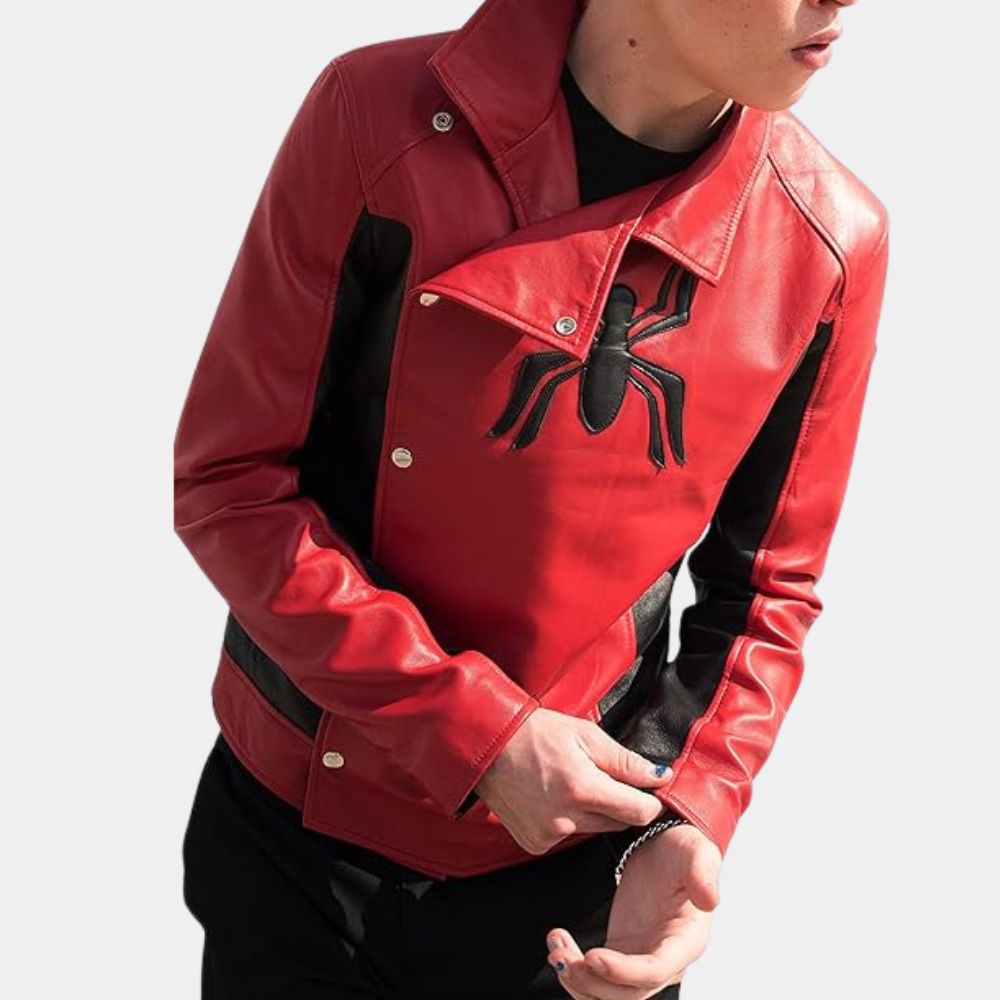 Spiderman  Peter Parker Maroon Leather Jacket - Front Posture View
