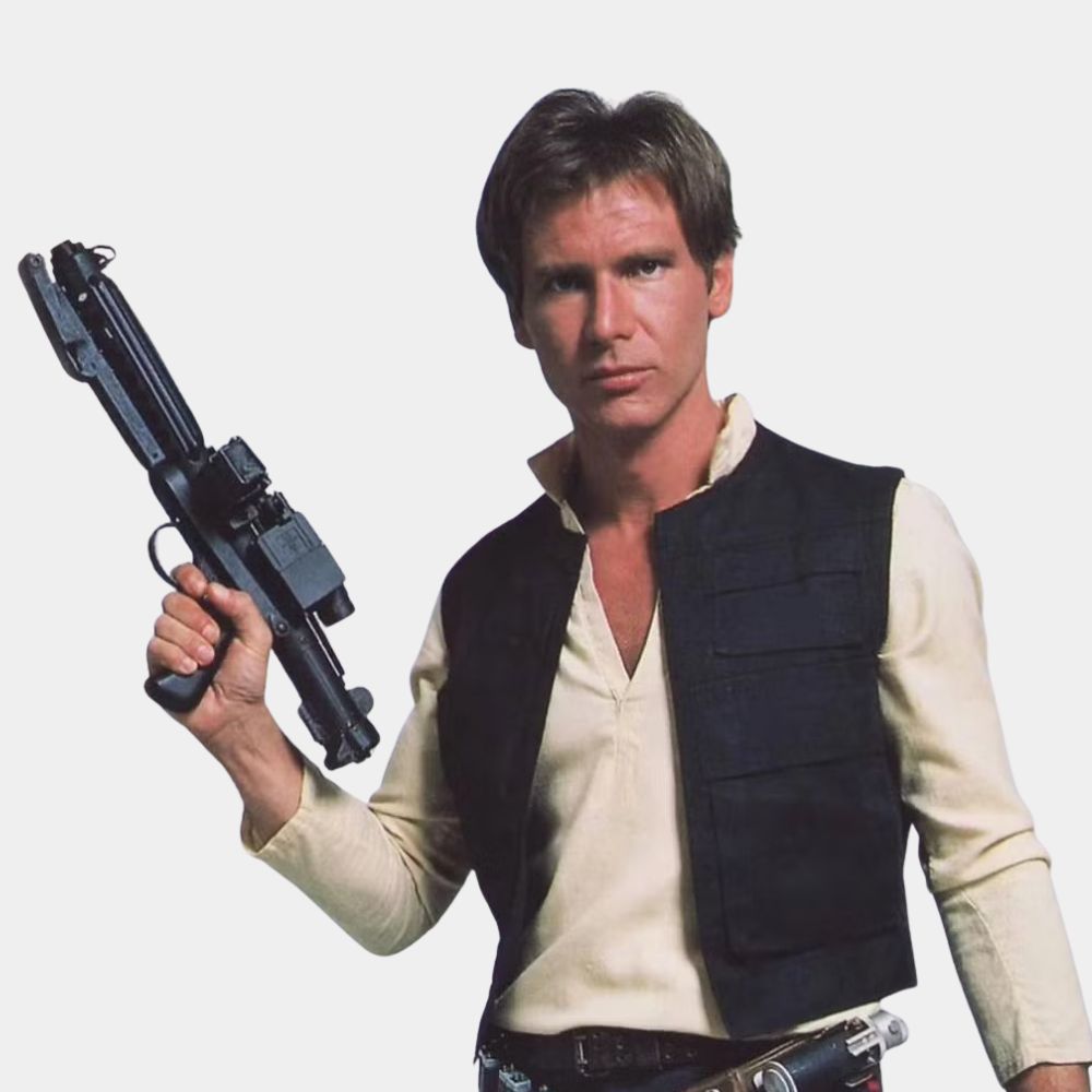 Star Wars  Han Solo aka Harrison Ford Black Leather Vest - Close - Up Front View