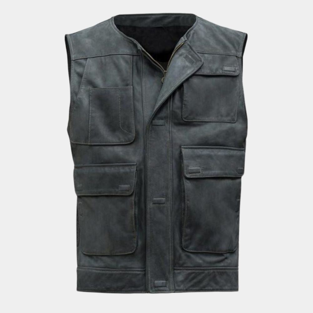 Star Wars  Han Solo aka Harrison Ford Black Leather Vest - Mannequin Front View