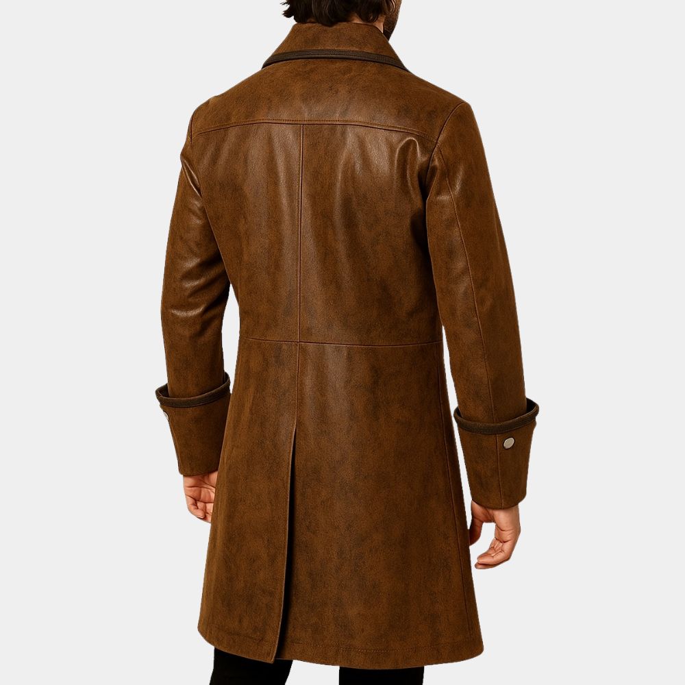 Steampunk  The Adventurous and Novel Captain Tan Leather Long Coat - Back View