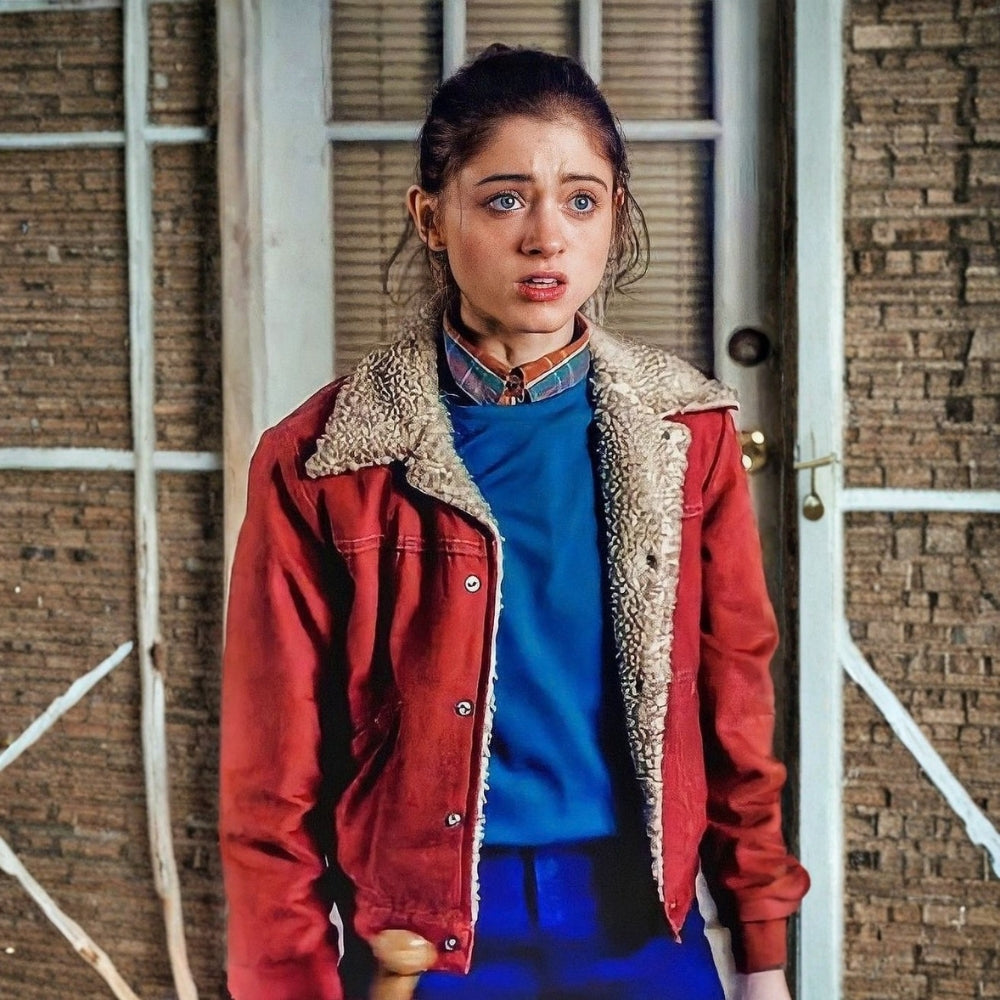 Stranger Things  Nancy Wheeler aka Natalia Dyer Red Suede Leather Shearling Jacket - Front View