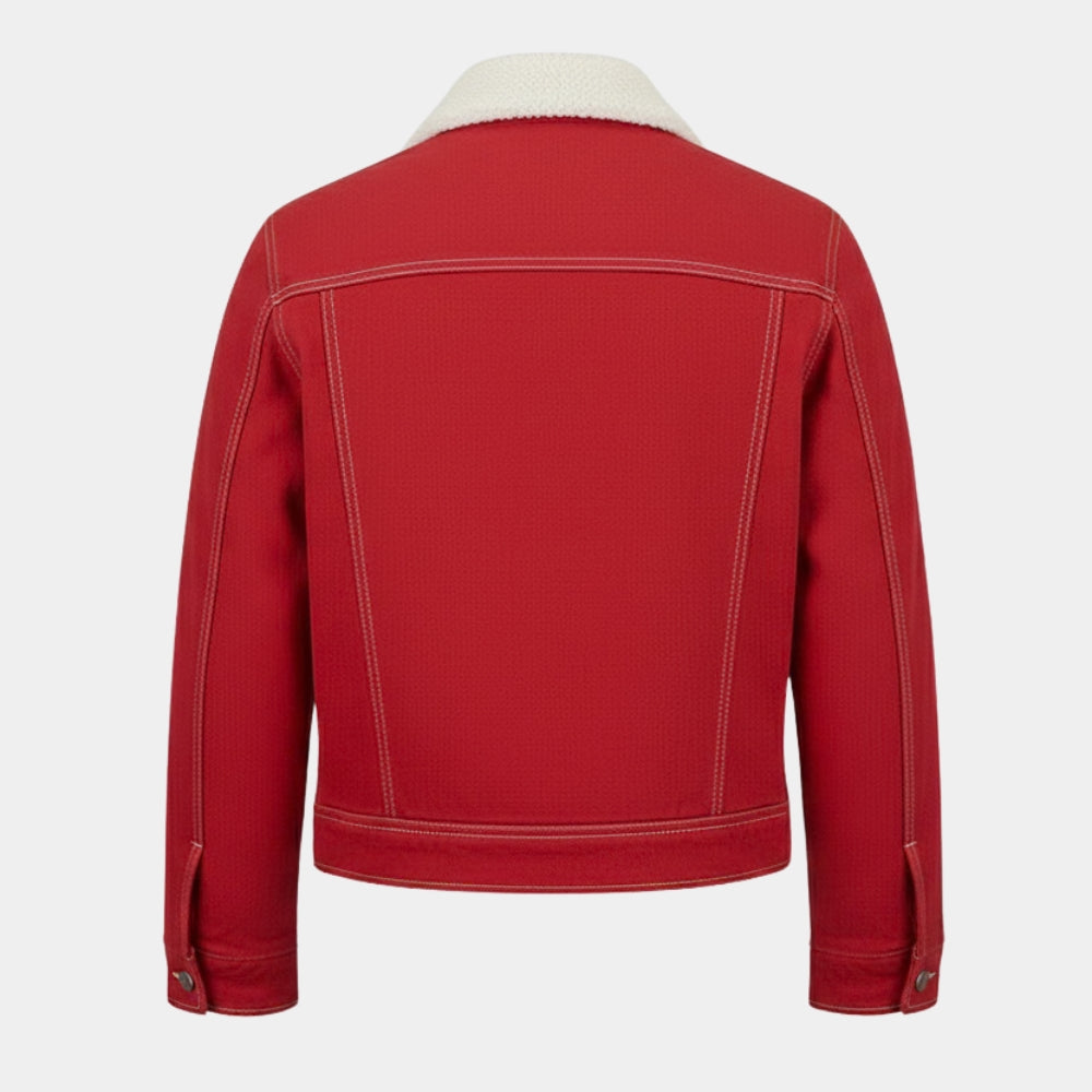 Stranger Things  Nancy Wheeler aka Natalia Dyer Red Suede Leather Shearling Jacket - Mannequin Back View