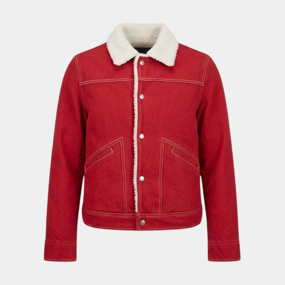 Stranger Things  Nancy Wheeler aka Natalia Dyer Red Suede Leather Shearling Jacket - Mannequin Front View