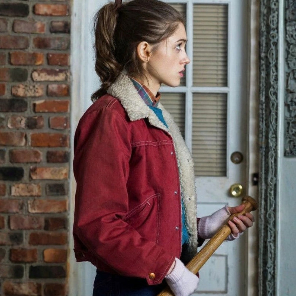 Stranger Things  Nancy Wheeler aka Natalia Dyer Red Suede Leather Shearling Jacket - Side View
