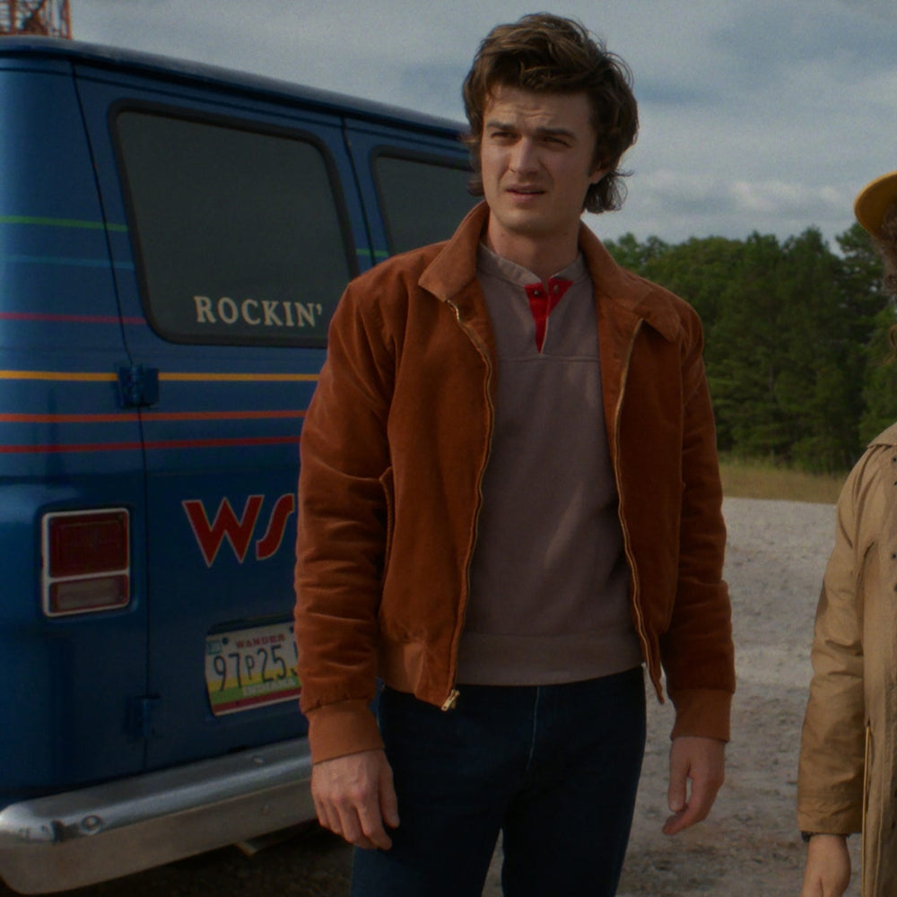 Stranger Things S05 Steve Harrington Brown Suede Leather Harrington Jacket - Character Posture View