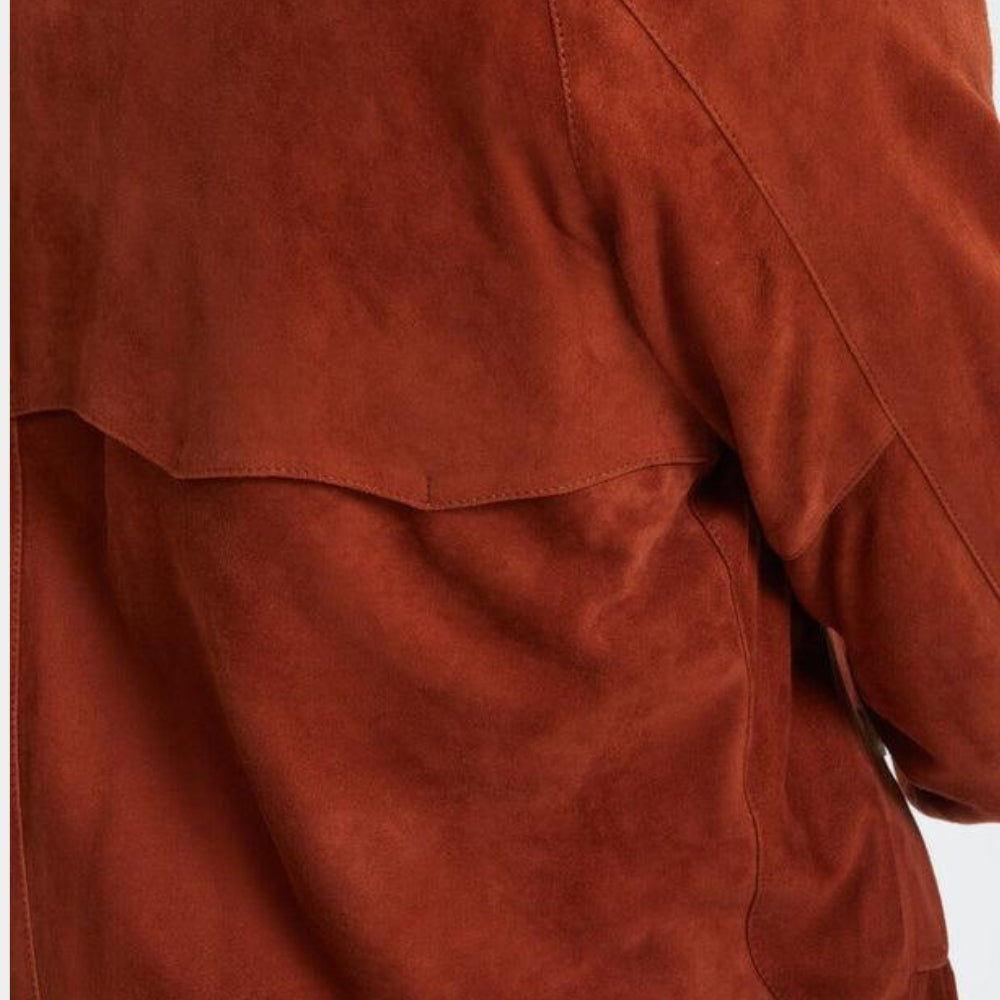 Stranger Things S05 Steve Harrington Brown Suede Leather Harrington Jacket - Close - Up View