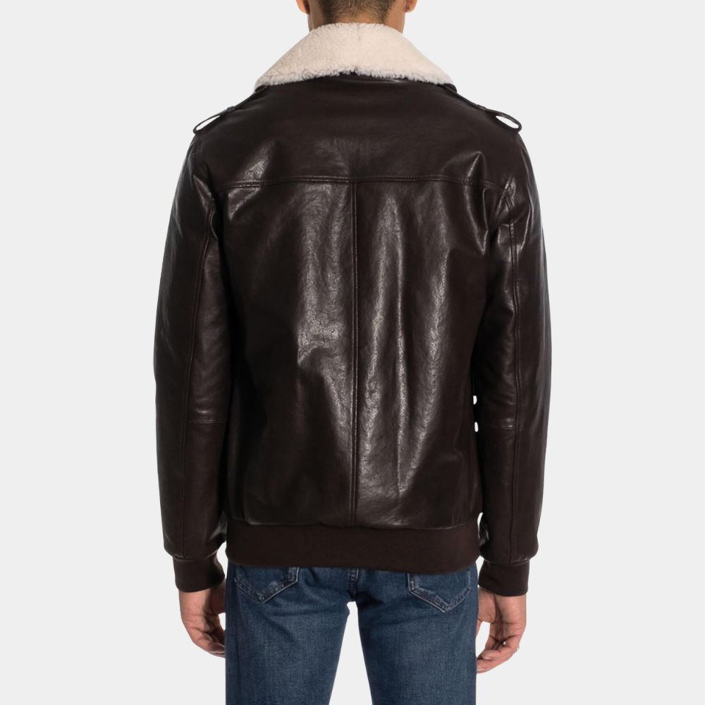 Street Fighter Cody Rhodes Leather Jacket | Guile Brown Leather Bomber Jacket with Removable Sherpa Collar - Back View