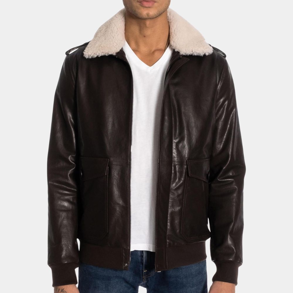 Street Fighter Cody Rhodes Leather Jacket | Guile Brown Leather Bomber Jacket with Removable Sherpa Collar - Front View