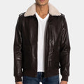 Street Fighter Cody Rhodes Leather Jacket | Guile Brown Leather Bomber Jacket with Removable Sherpa Collar - Front View