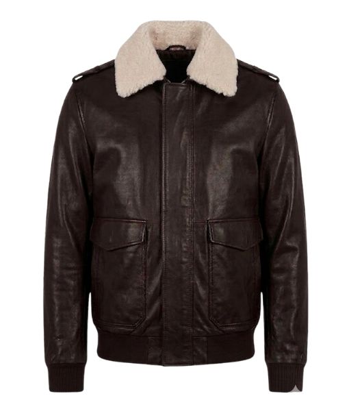 Street Fighter Cody Rhodes Leather Jacket | Guile Brown Leather Bomber Jacket with Removable Sherpa Collar - Mannequin View
