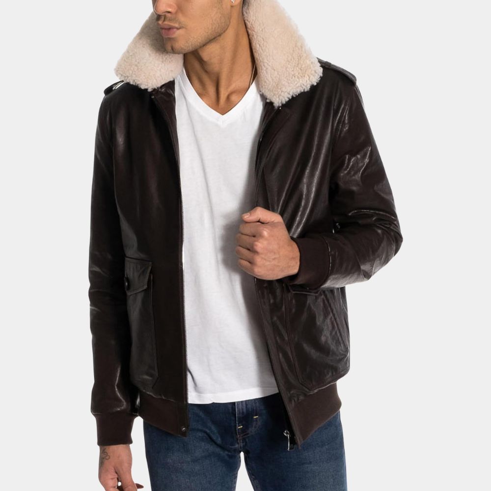 Street Fighter Cody Rhodes Leather Jacket | Guile Brown Leather Bomber Jacket with Removable Sherpa Collar - Posture View