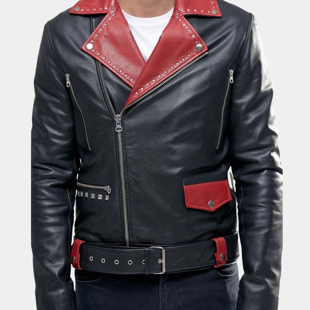 Studded Lapels Red Leather Biker Jacket - Front Closure View