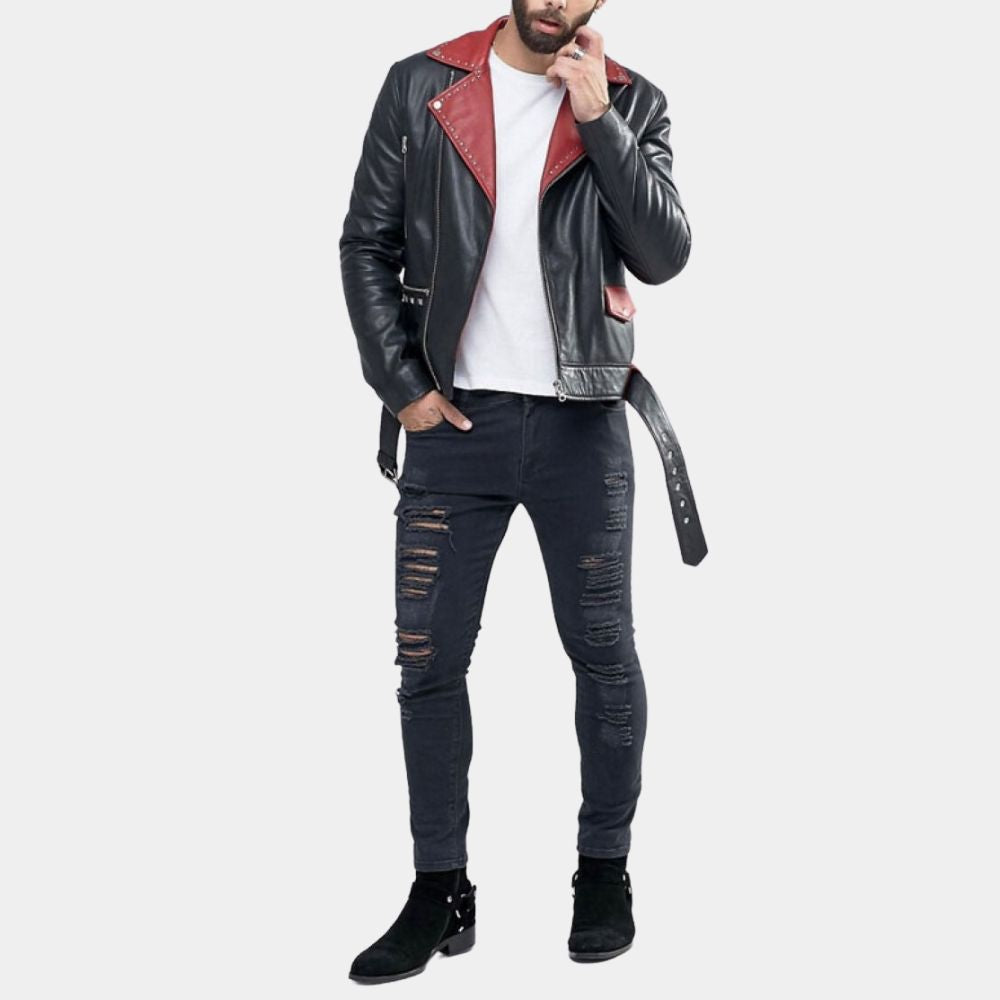 Studded Lapels Red Leather Biker Jacket - Front Posture View