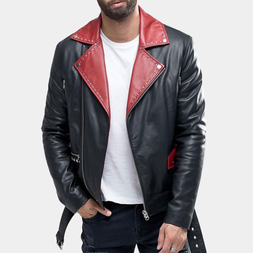 Studded Lapels Red Leather Biker Jacket - Front View