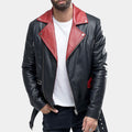 Studded Lapels Red Leather Biker Jacket - Front View