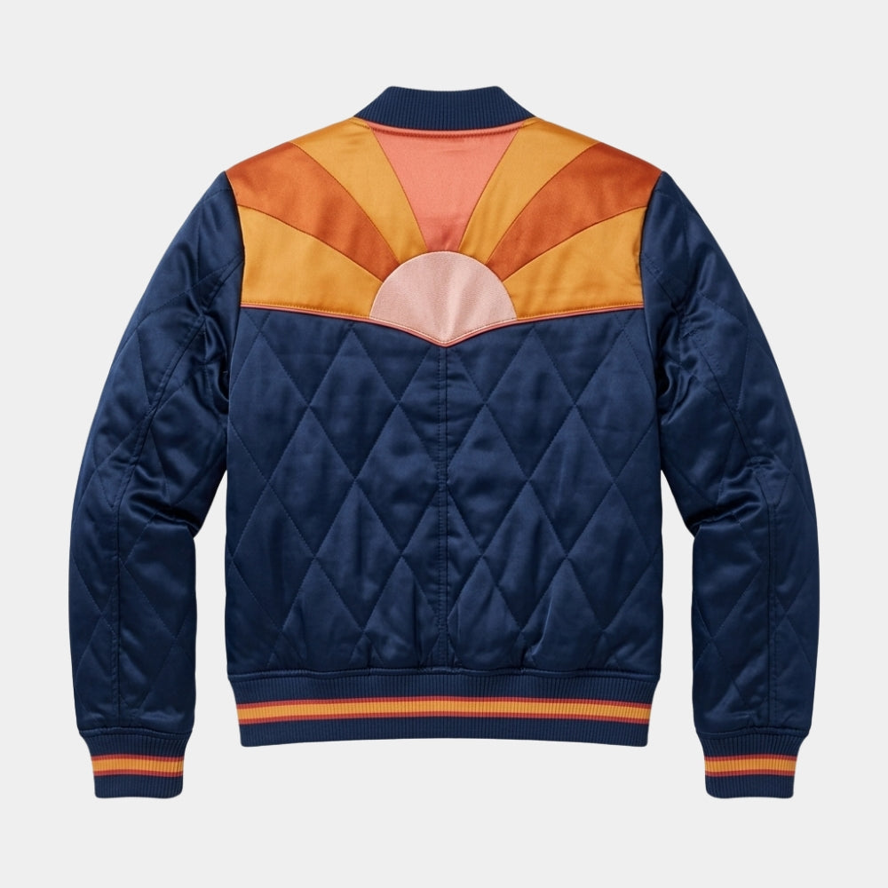 Stumptown  Cobie Smulders Rising Sun Blue Satin Bomber Jacket - Mannequin Back View