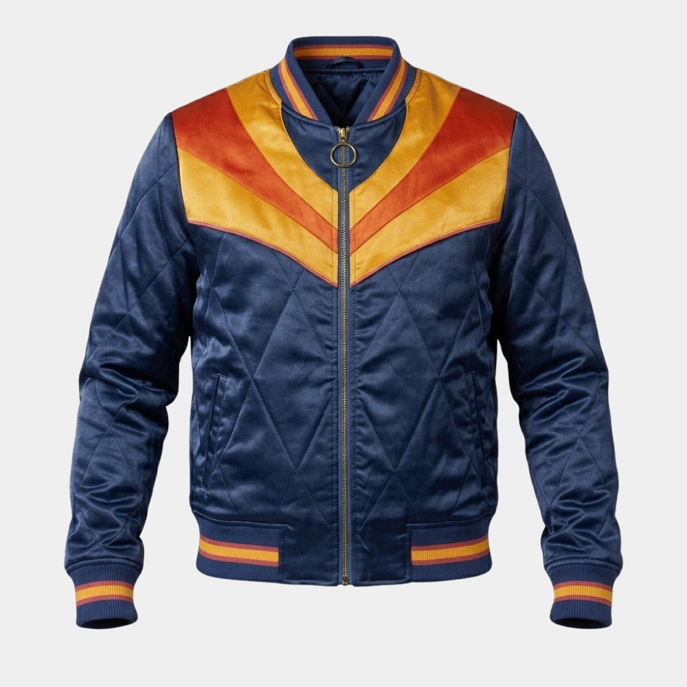 Stumptown  Cobie Smulders Rising Sun Blue Satin Bomber Jacket - Mannequin Front View
