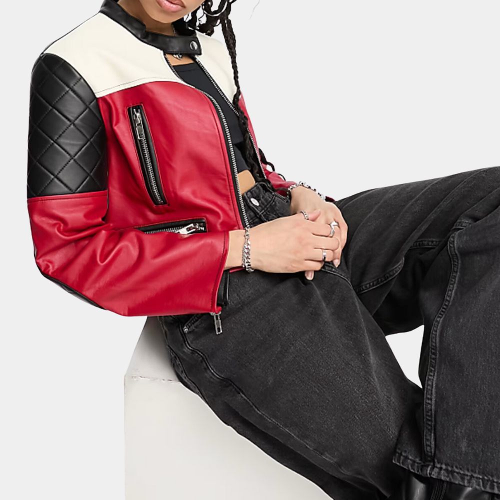 Subteran Irina Artenii Colorblock Cropped Leather Jacket - Close - Up Side View