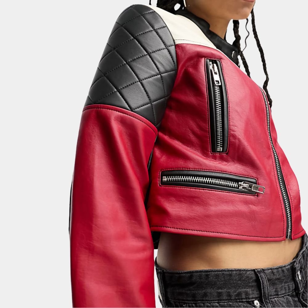 Subteran Irina Artenii Colorblock Cropped Leather Jacket - Front Pocket View