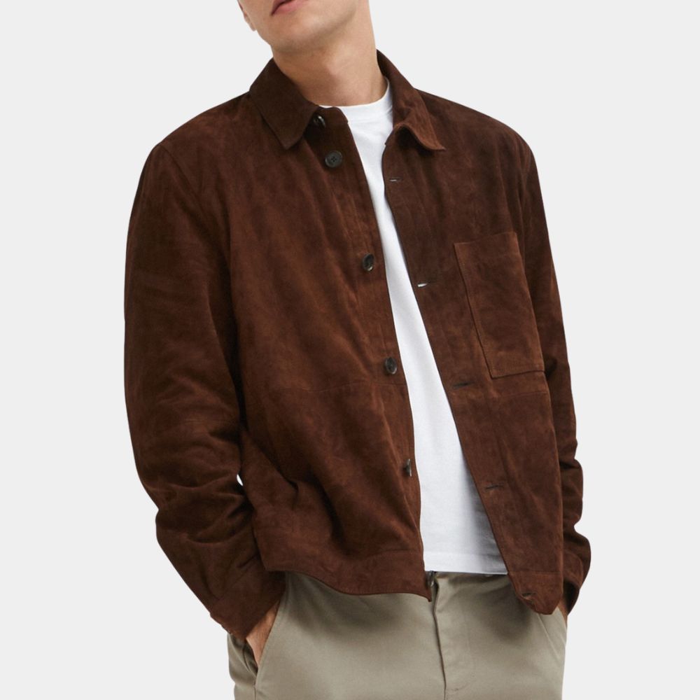 TOTE Men's Brown Suede Leather Trucker Style Jacket - Front View