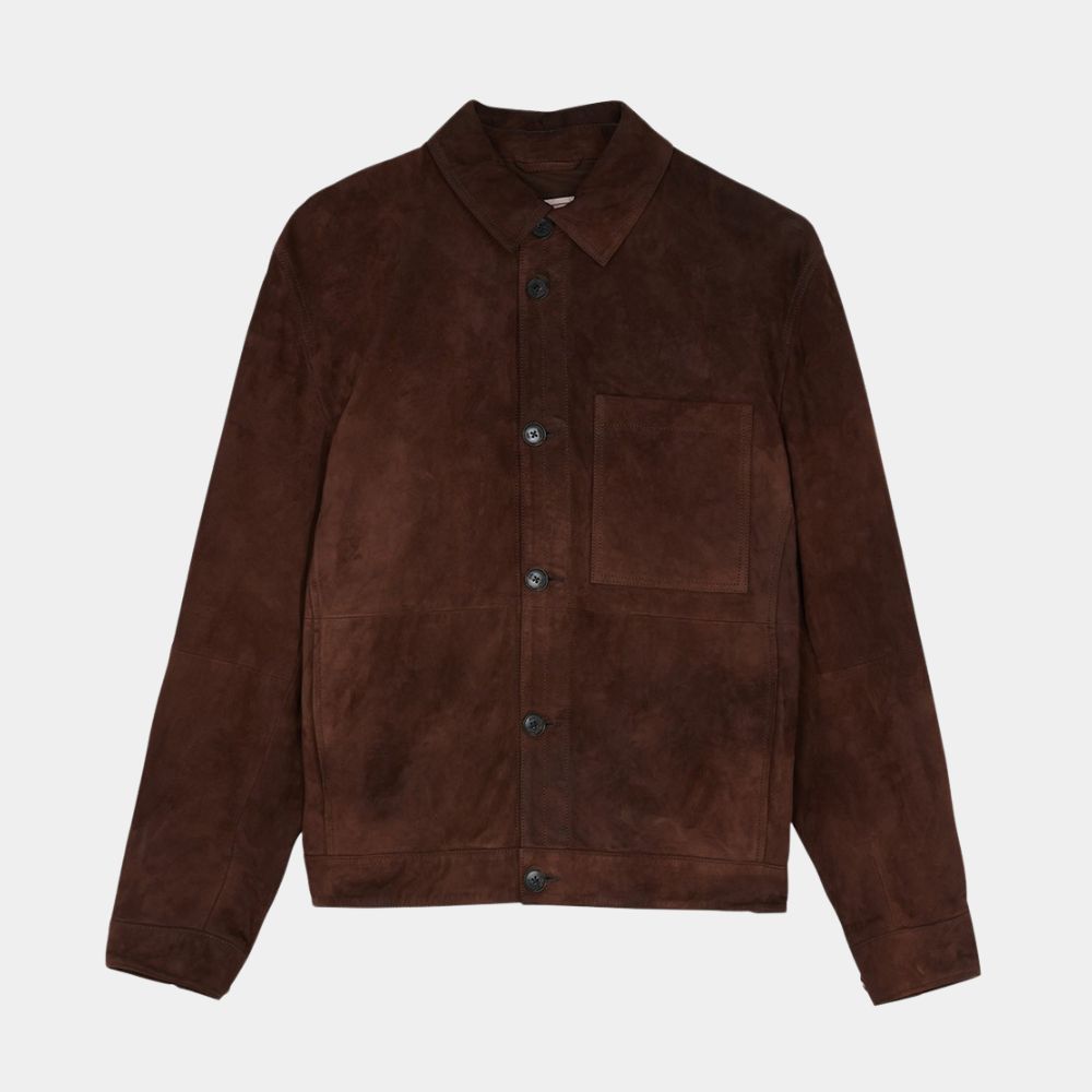 TOTE Men's Brown Suede Leather Trucker Style Jacket - Mannequin Front View