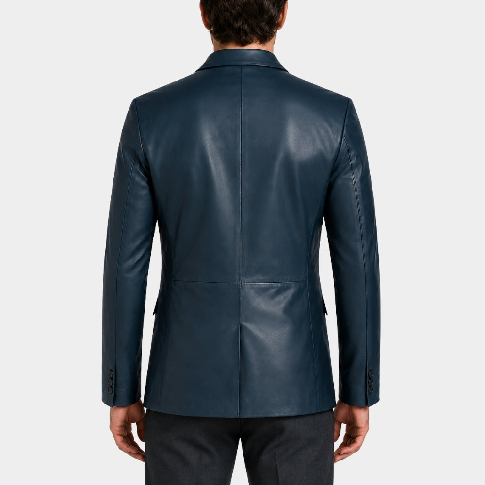 Tailored Navy Blue Leather Blazer