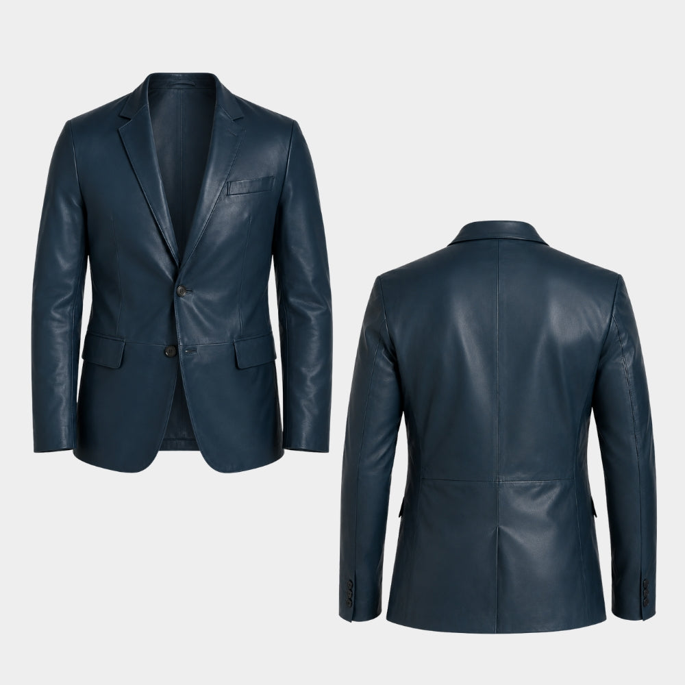Tailored Navy Blue Leather Blazer