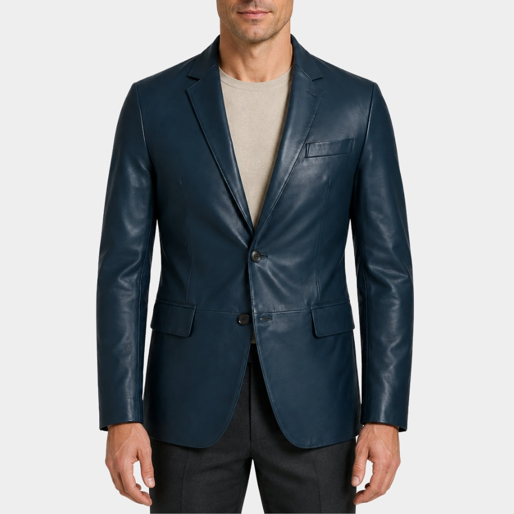 Tailored Navy Blue Leather Blazer