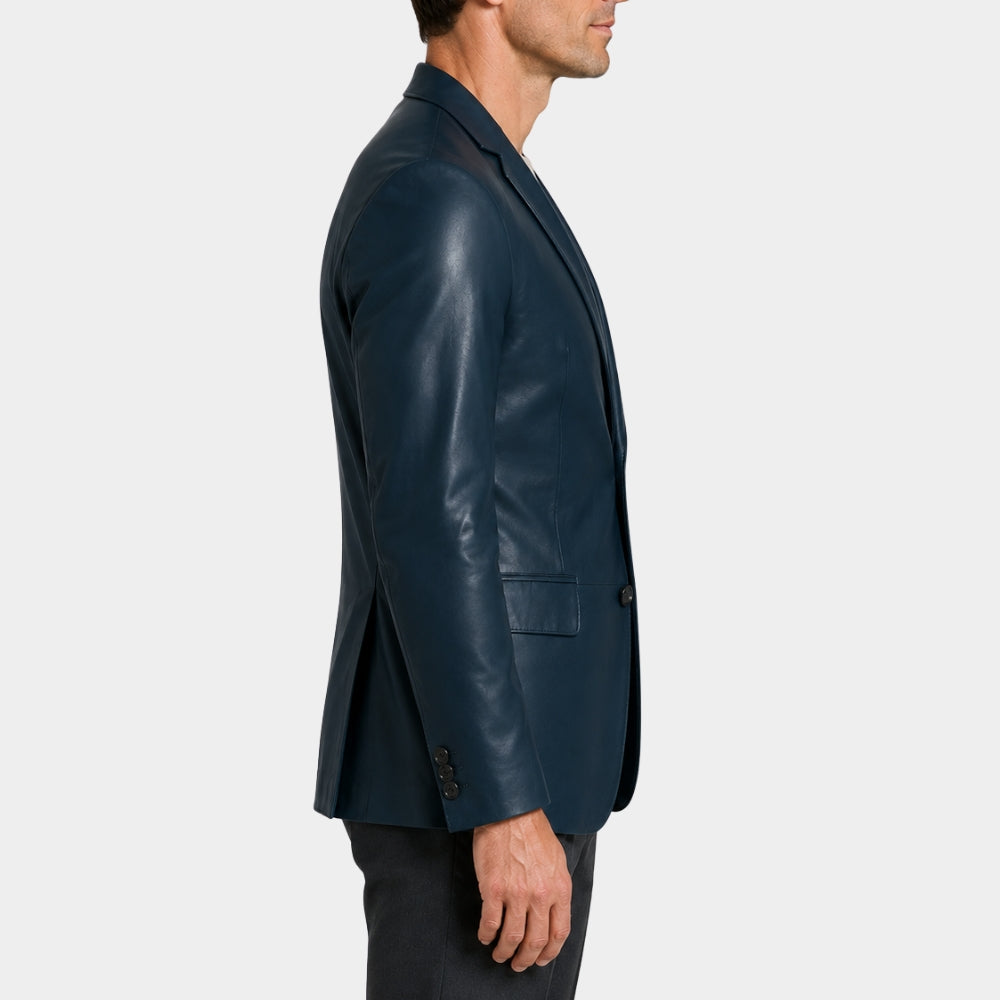 Tailored Navy Blue Leather Blazer
