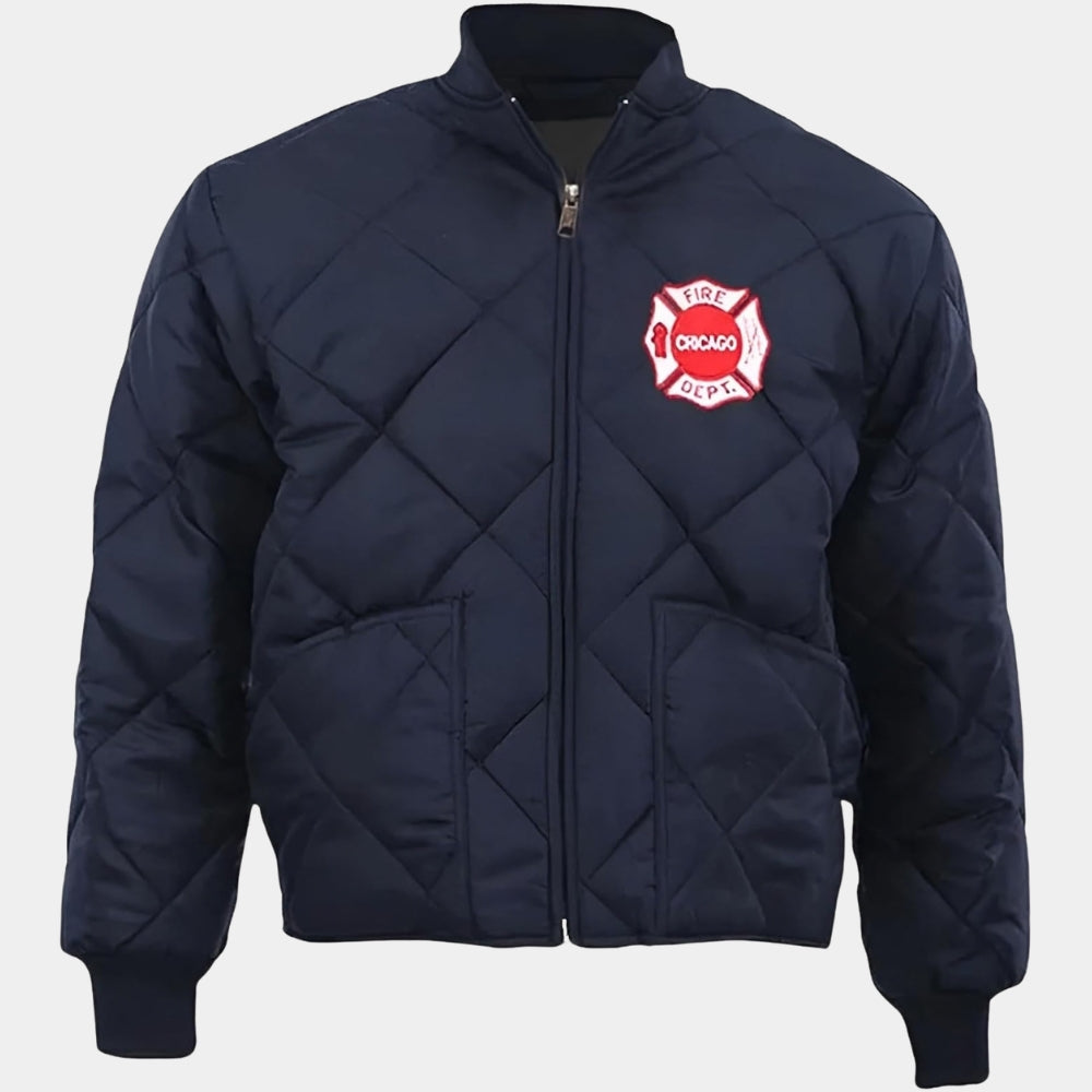Taylor Kinney  Chicago Fire Squad 3 Blue Bomber Quilted Jacket - Mannequin Front View