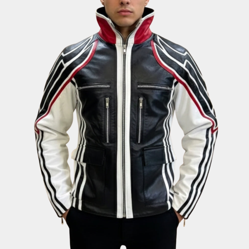Tekken 8  Jin Kazama Black and White Leather Jacket - Front View