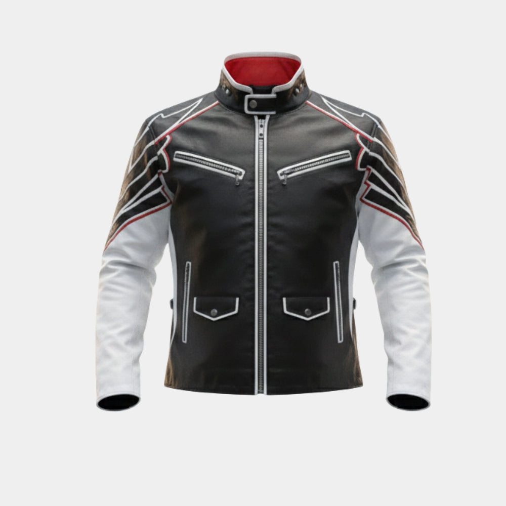Tekken 8  Jin Kazama Black and White Leather Jacket - Mannequin Front View