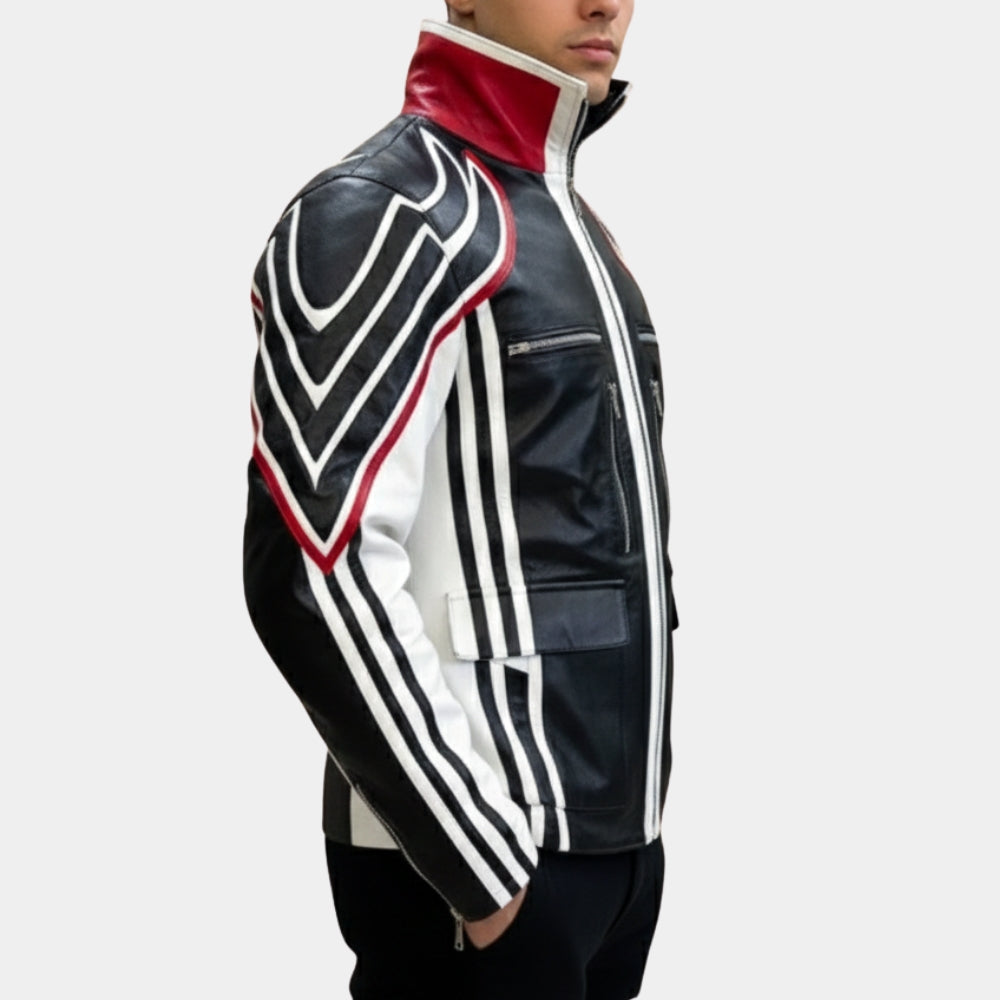 Tekken 8  Jin Kazama Black and White Leather Jacket - Side View