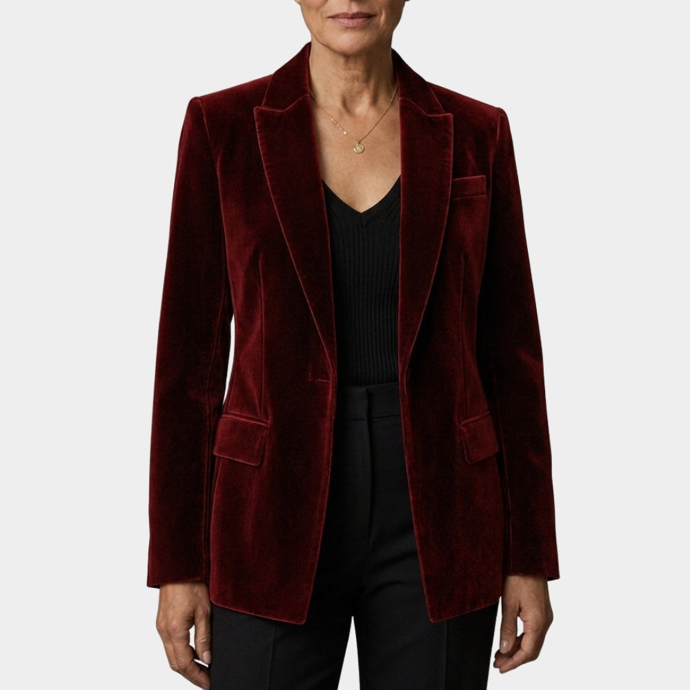 The Gentlemen Kaya Scodelario Maroon Velvet Blazer
