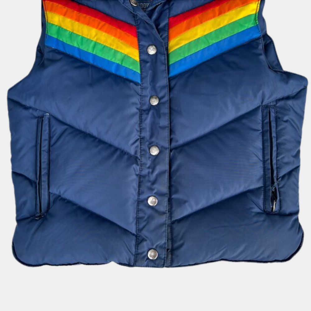 The 70s Show Rainbow Puffer Vest | Ashton Kutcher Winter Ski Vest - Mannequin Front Close - Up View