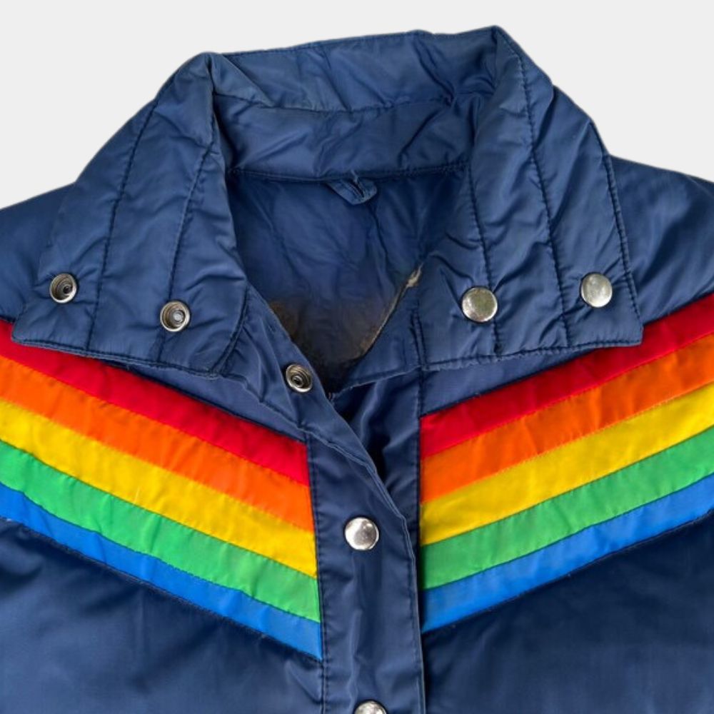 The 70s Show Rainbow Puffer Vest | Ashton Kutcher Winter Ski Vest - Mannequin Front Collar View