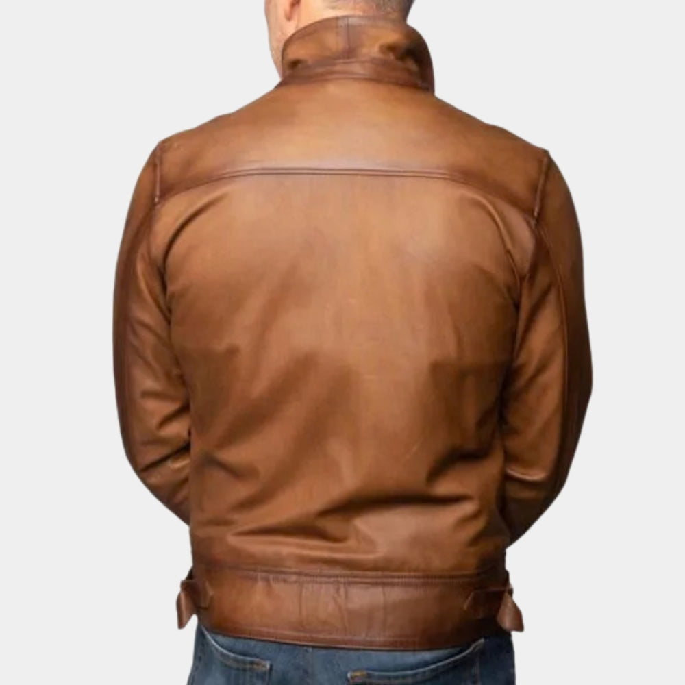 The Aviator  Howard Hughes aka Leonardo DiCaprio Tan Leather Jacket - Back View