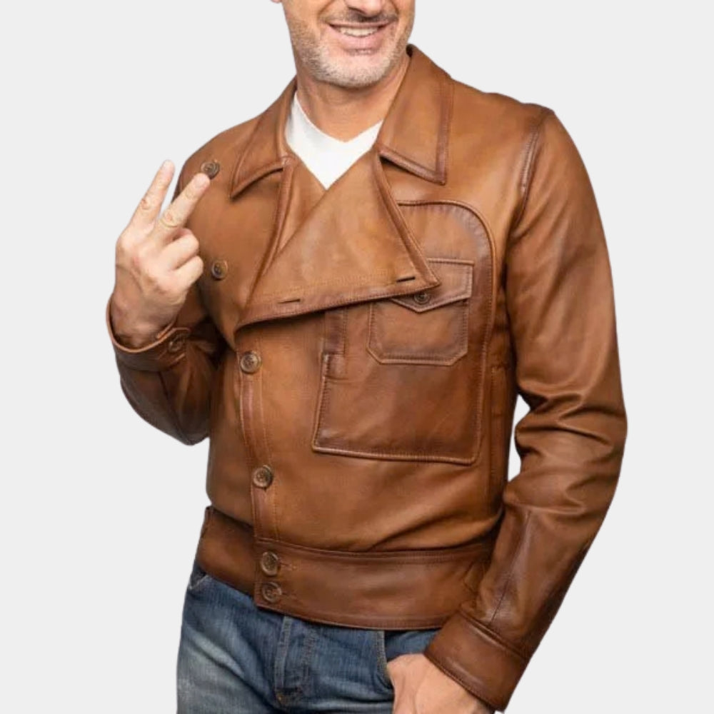 The Aviator  Howard Hughes aka Leonardo DiCaprio Tan Leather Jacket - Front View