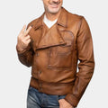 The Aviator  Howard Hughes aka Leonardo DiCaprio Tan Leather Jacket - Front View