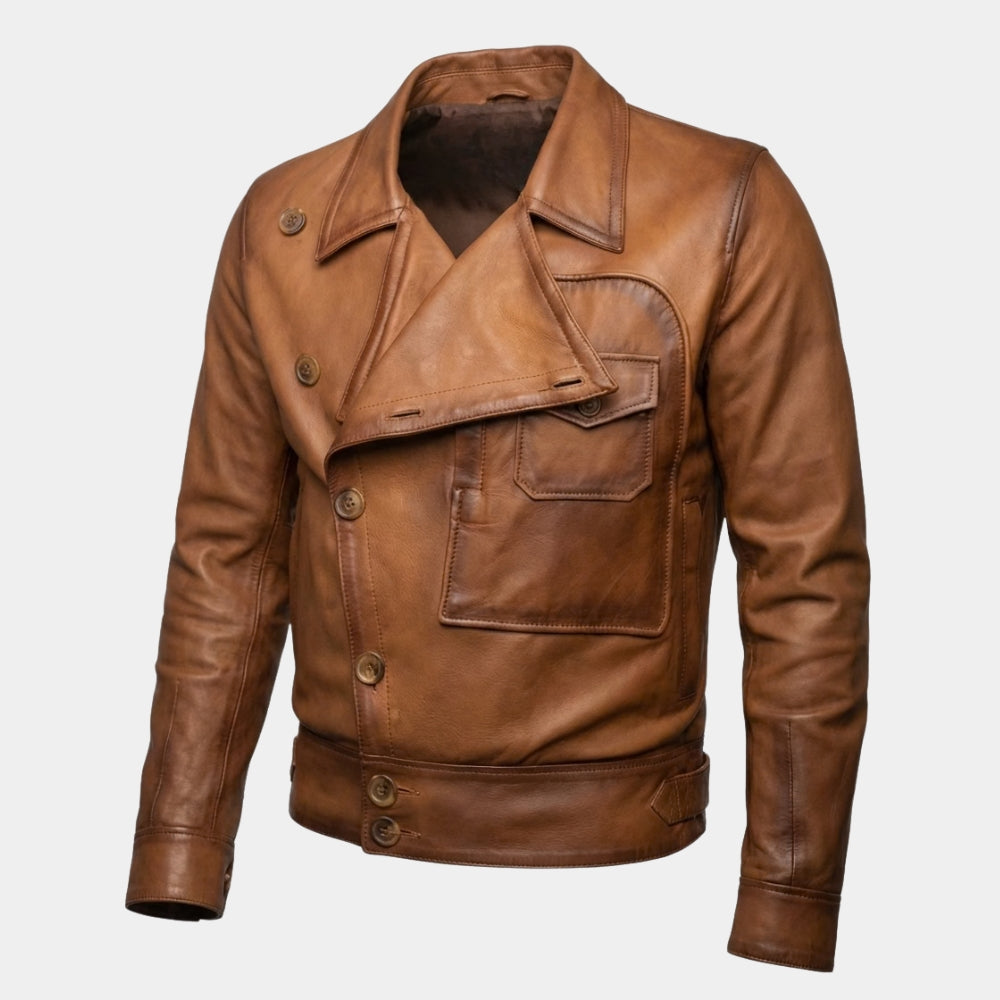 The Aviator  Howard Hughes aka Leonardo DiCaprio Tan Leather Jacket - Mannequin Front View