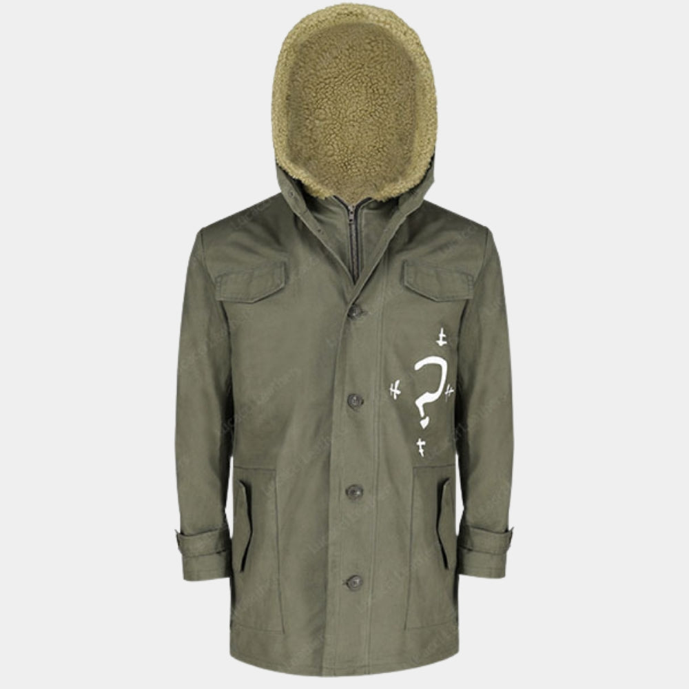 The Batman  Riddler / Edward Nigma aka Paul Dano Green Cotton Jacket - Mannequin Close - Up Front View