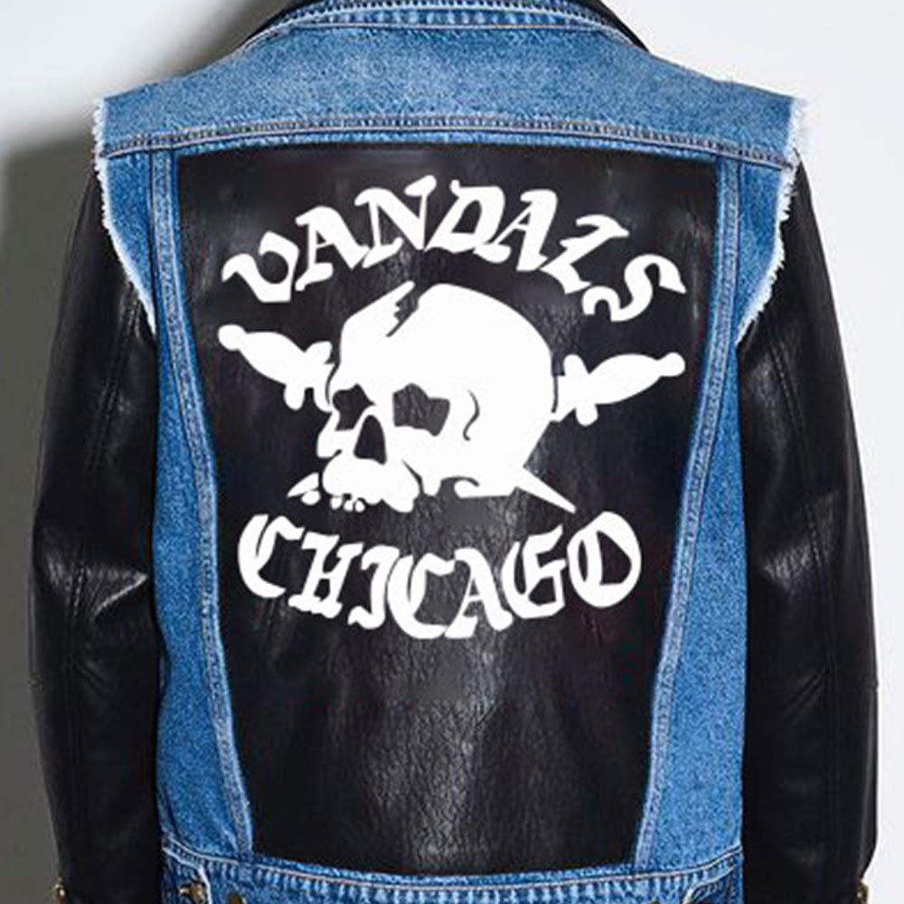 The Bikeriders Benny aka Austin Butler Black Leather Biker Jacket with Printed Denim Vest - Back Logo View