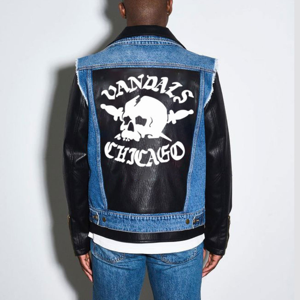 The Bikeriders Benny aka Austin Butler Black Leather Biker Jacket with Printed Denim Vest - Back View