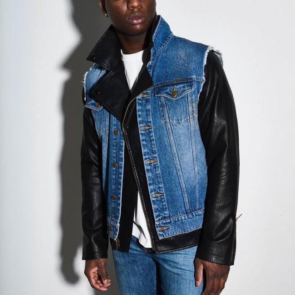The Bikeriders Benny aka Austin Butler Black Leather Biker Jacket with Printed Denim Vest - Front Posture View